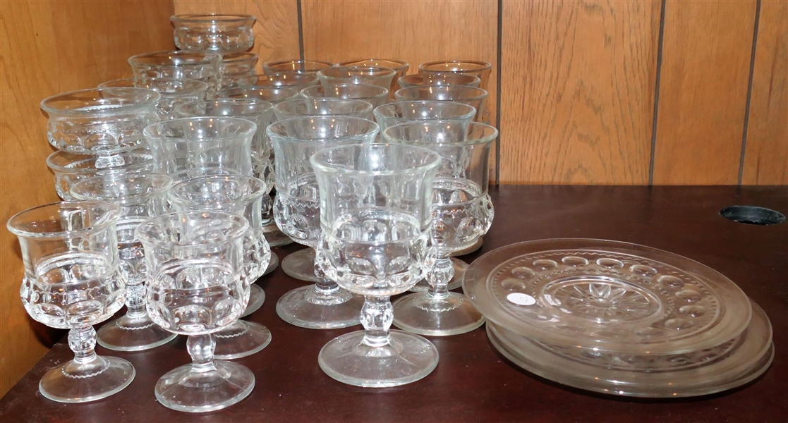 Lot of Kings Crown Glassware including 7 3/4" Plates, 6 1/4" Goblets, Sherbets, and Cordials