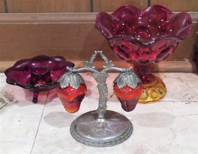 Amberina Compote and Candle Holder and Strawberry Salt and Pepper Shakers on Stand - Compote Measures 5" Tall
