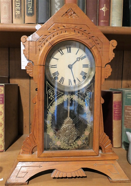 Oak Mantle Clock with Fancy Pendulum and Key- Measures 19" Tall - Runs 