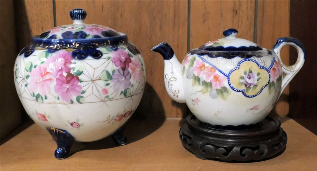 2 Pieces of Hand Painted Asian China - Tea Pot and Footed Jar with Lid - Jar Measures 7" Tall 