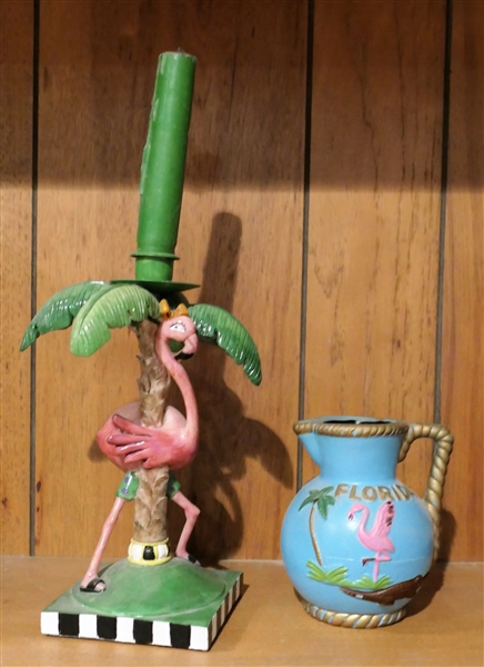 Flamingo Candle Stick and Florida Souvenir Pitcher - Candle Stick Measures 9" Tall 