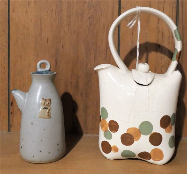 Art Pottery Polka Dot Tea Pot and Art Pottery Cruet with Cat Measuring 6" Tall