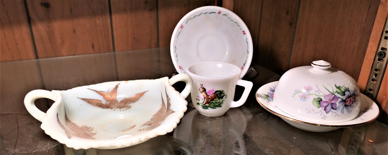 Crown Bone China Butter Dish, Chimney Rock, NC Souvenir Cup and Saucer Set, and Bird Double Handled Dish
