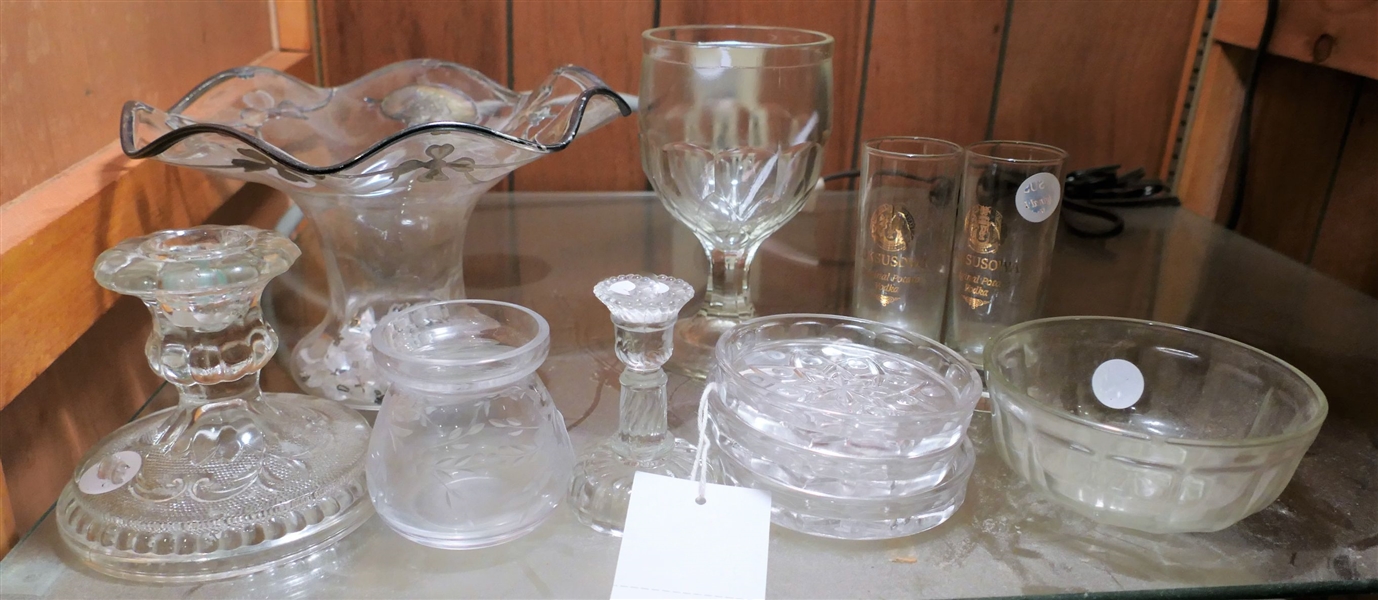 Lot of Glassware including Silver Overlay Compote, Sandwich Candle Stick, Coasters, Goblet, and Shot Glasses