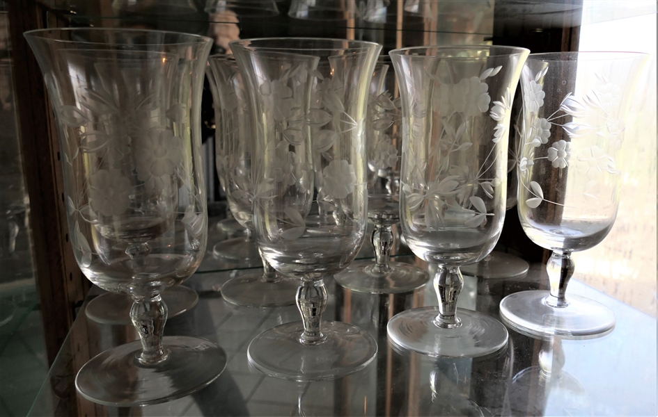 8 Floral Etched Glasses - 8 1/4" Tall - 1 Has Tiny Nick on Rim