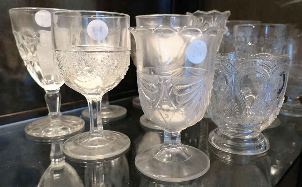 Lot of Early American Press Glass Goblets, Flute, and Spooner including Stars, Grapes, and Fern