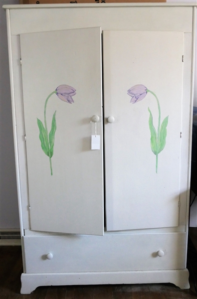 White Painted Armoire with Purple Tulip Flowers - Measures64 1/2" tall 39" by 21"