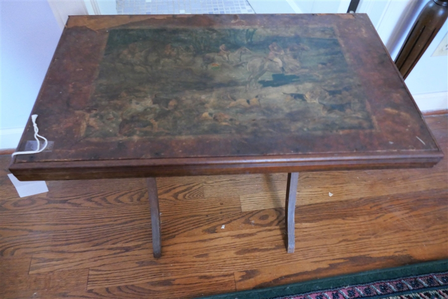 Small Folding Table with Decoupage Scene on Top - Some Tearing To Surface - Measures 24" tall 26" by 15"