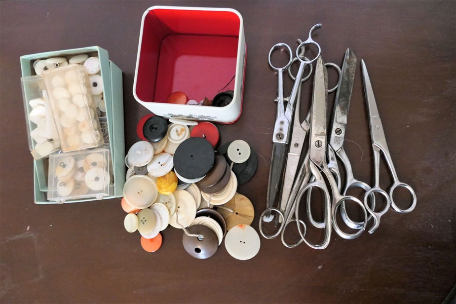 Lot of Scissors and Vintage Buttons - Scissors include Wiss, Ice, Supercut, and Valley Forge