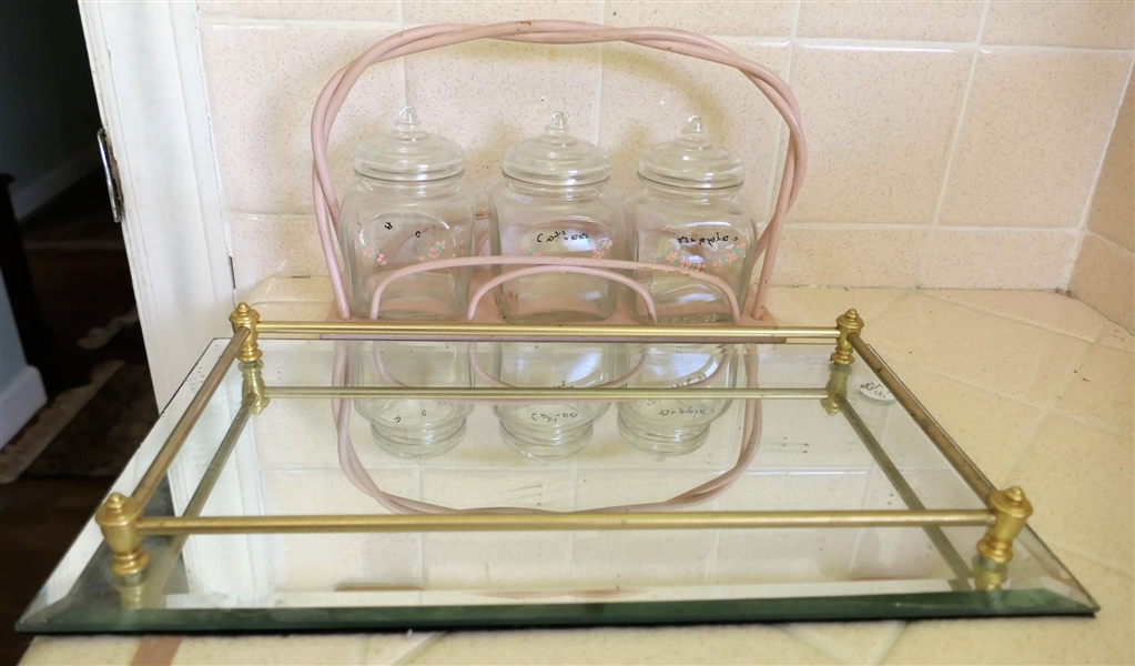 Mirrored Dresser Tray and Set of Dresser jars in Wicker Holder