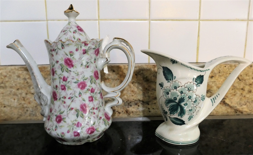Lefton China Pink Floral Pitcher and Delfts Made in Holland Green Pitcher - Lefton Measures 9 1/2" tall 