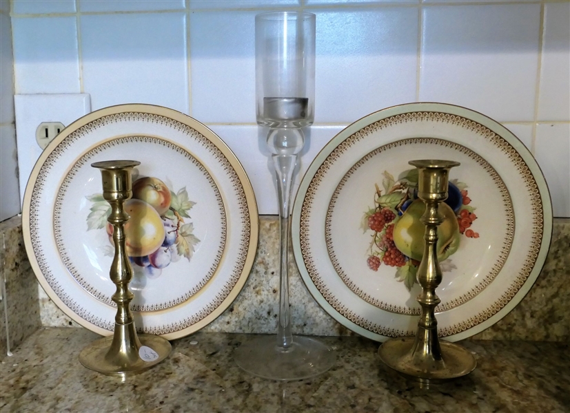 Pair of Brass 7" Candle Sticks, Glass Candle Stick, and Crown Ducal Fruit Plates `9 1/2" Across
