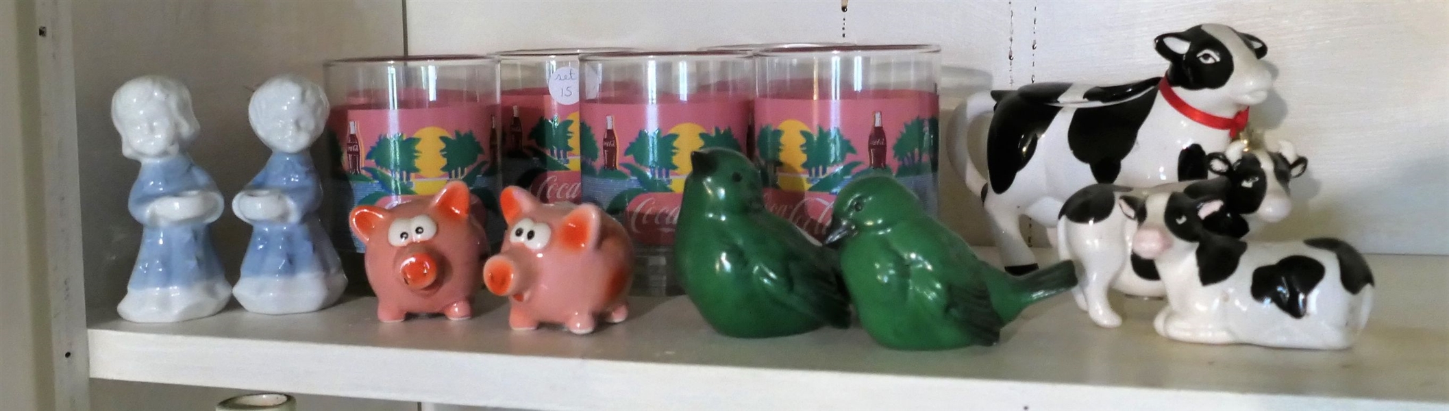 Set of Coca Cola Tumblers, Holden Beach Pig Shakers, Green Gobel Bird Figures, and Cow Shakers and Creamer