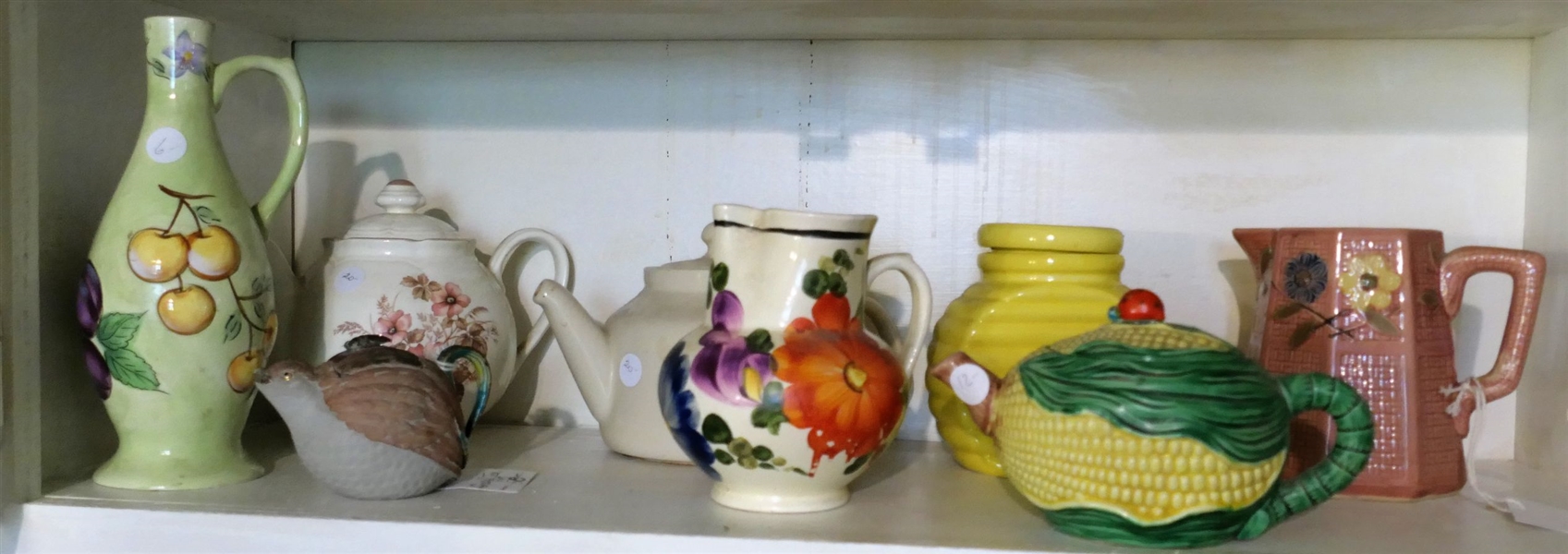 Shelf Lot of Pitchers - Corn with Lady Bug, Alco Yellow Jar, Pink Made in Japan Pitcher, 