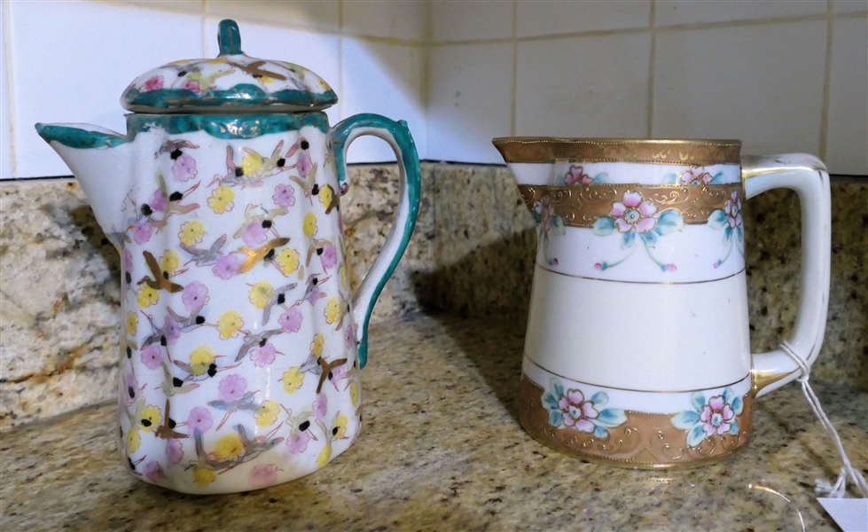 Hand Painted Nippon Pitcher with Pink Flowers and Bird Hand Painted Pitcher with Lid - Measuring 7 1/2" tall 