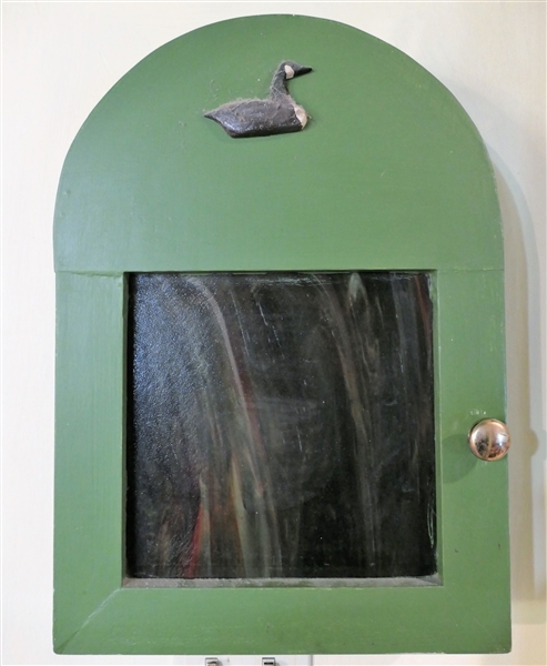 Green Painted Key Cabinet with Slag Glass Door - Measures 17" tall 12" by 3 1/2" 