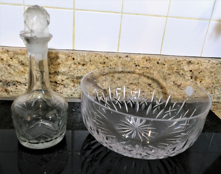 Atlantis Crystal Bowl and Cut Glass Cruet - Bowl Measures 8" Across