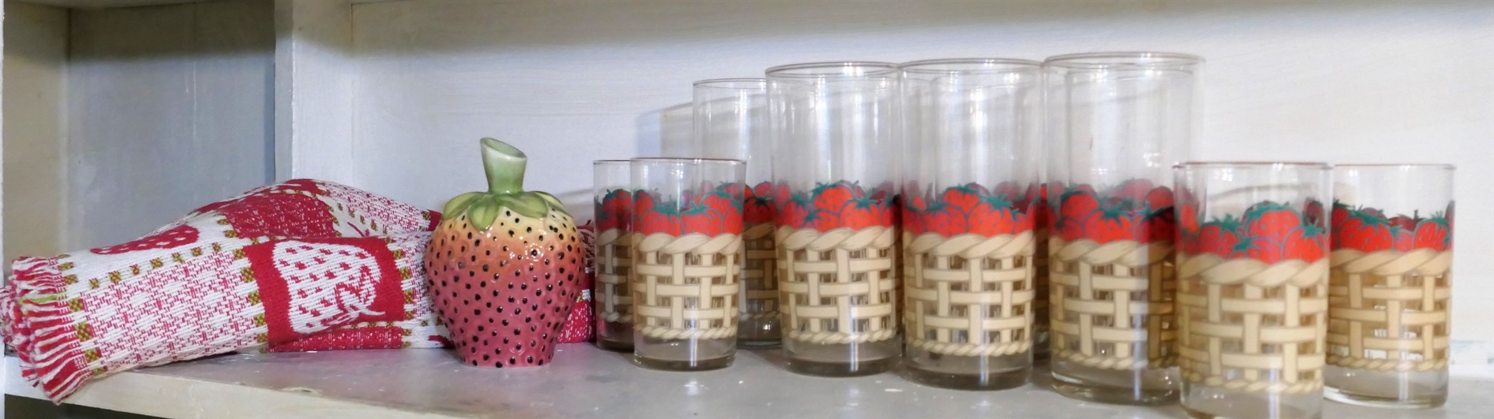 11 Strawberry Basket Glasses, Strawberry Bud Vase, and Strawberry Table Runner