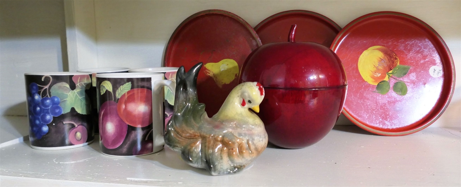 Red Lacquer Wood Apple, Ceramic Chicken, and 4 Furio Eden Fruit Mugs