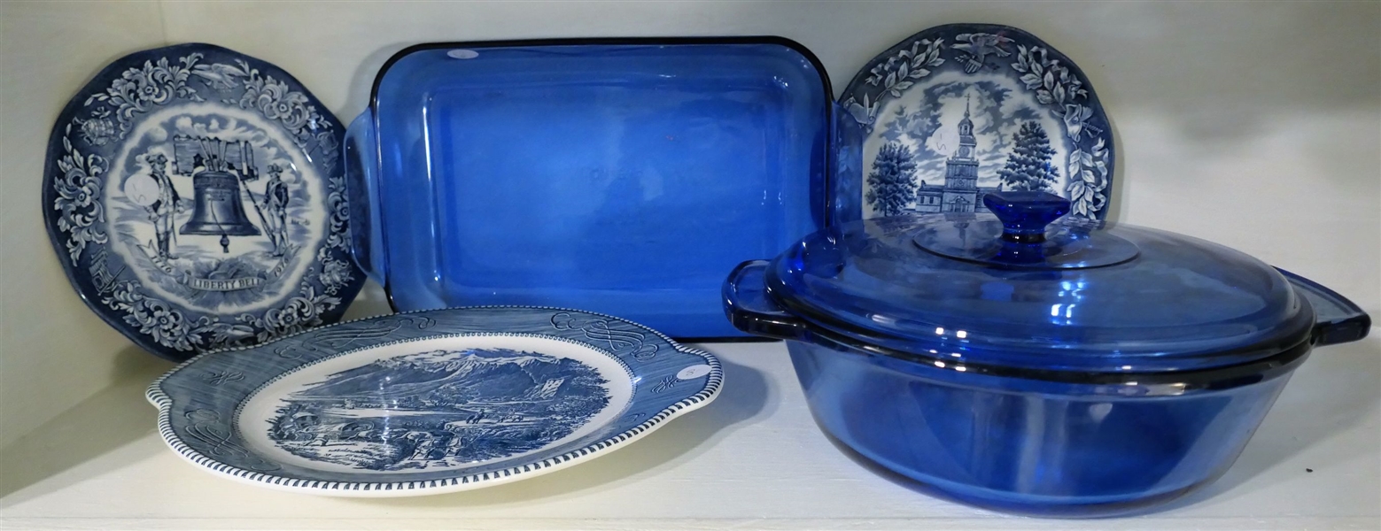 2 Blue Pyrex Casseroles and 3 Pieces of Blue and White China including 2 Avon Bicentennial Plates