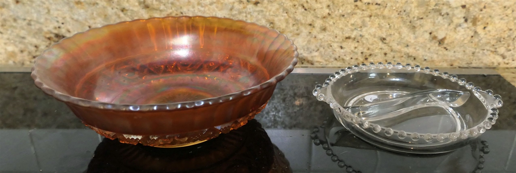 Iridized Bowl and Candlewick Divided Dish - Bowl Measures 9" Across