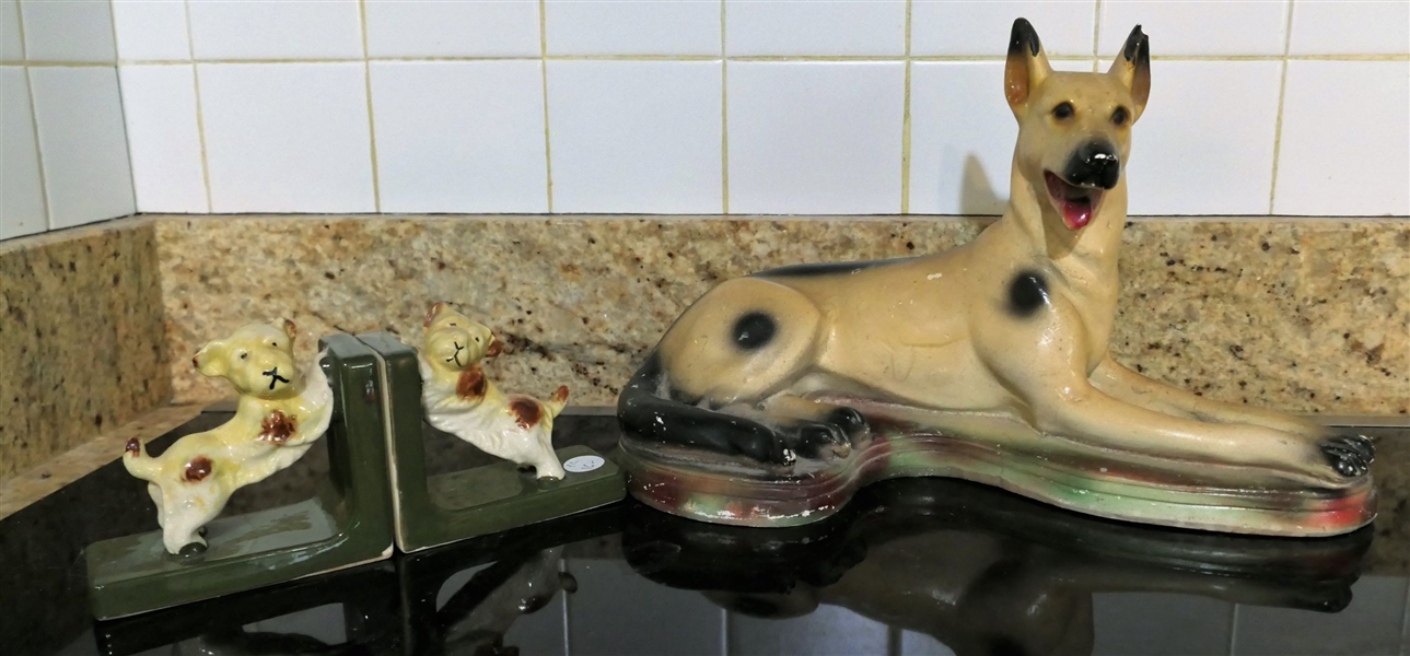 Pair of Japan Dog Bookends and Chalkware German Shepherd Dog - Some  Paint Loss 