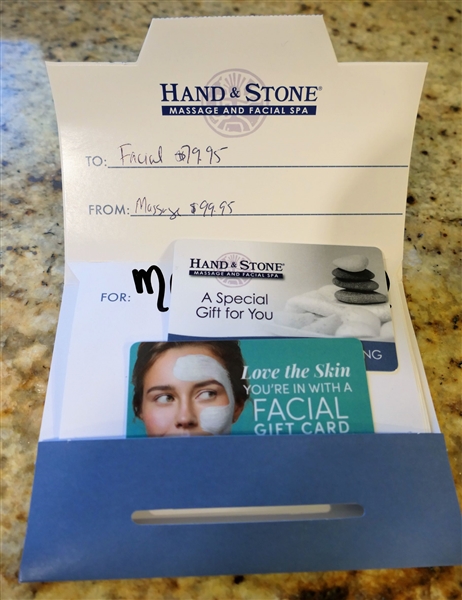 Hand & Stone Massage and Facial Spa Gift Certificates - For 1 Facial ($79.95) and 1 Massage ($99.95) - Amounts on Cards Have Been Verified