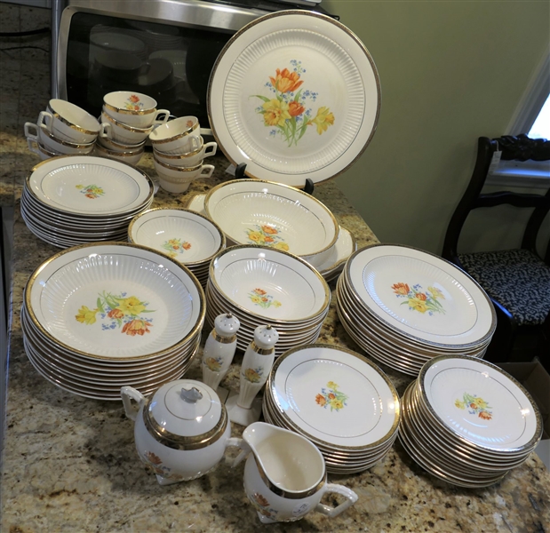 Large Set of Over 8 Pieces Royal China "Royal Bouquet" Etch Gold China including Platters, Bowls, Cream & Sugar, Salt and Peppers, 