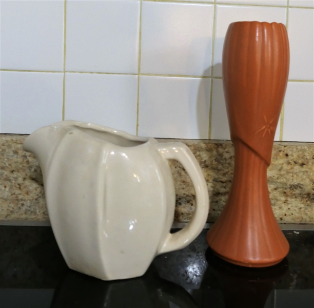 White McCoy Pitcher and Orange USA Vase - Measures 11"