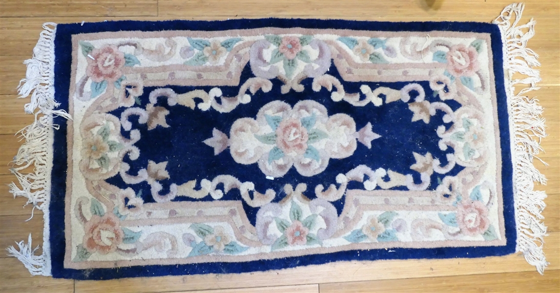 Navy Blue Floral Wool Rug -Measures 39" by 2  - Needs Cleaning