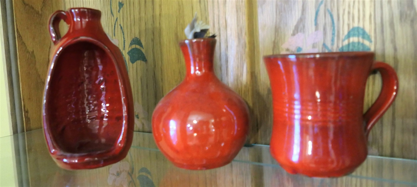 3 Pieces of Chrome Red North Carolina Pottery Mug, Vase, and Candle Holder Measuring 6" - Mug is Signed N. Owens