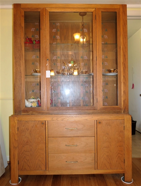 Nice Lighted Oak China Cabinet with Glass Shelves at Top - 2 Cabinets and 3 Drawers  at Bottom - Measures 75 1/2" Tall 50" by 17"