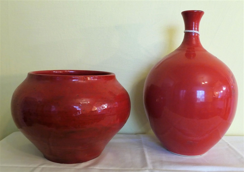 2 Pieces of Red Art Pottery including Quida Pottery 12" Vase and Unsigned Hand Turned Vessel