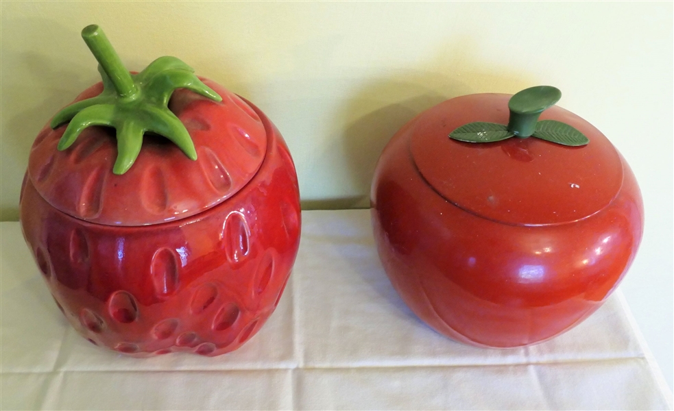 Strawberry Ceramic Cookie Jar and Metal Apple Cookie Jar