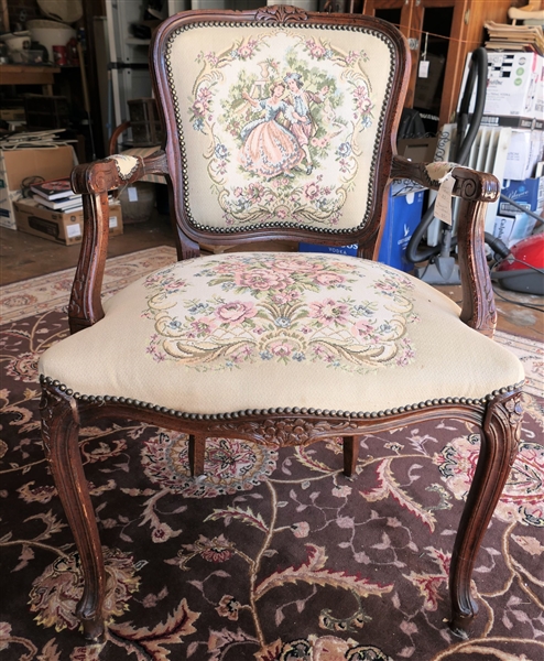 French Style Arm Chair with Embroidered Courting Scene on Back and Floral Seat