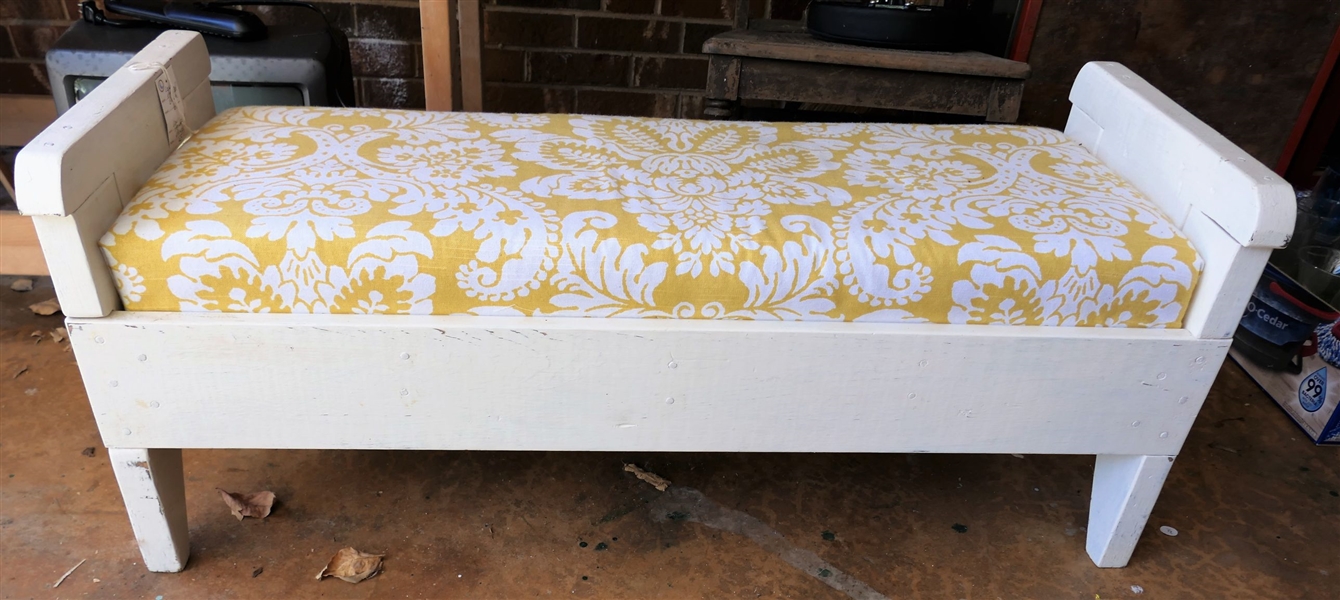 White Wood Bench with Yellow and White Upholstered Seat - Measures 18" tall 42" by 15"