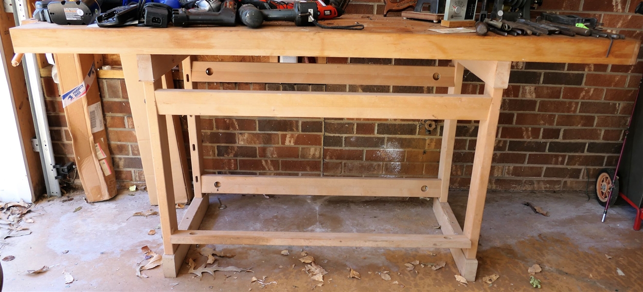 Wood Work Bench with Clamp on End - NO CONTENTS - Measures 34" Tall 73" by 22"