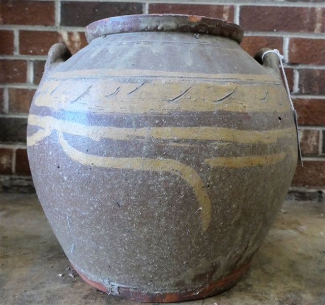 Oriental Terracotta Pottery Double Handled Pot- Incised Signature - Measures 13" Tall 13" Across 