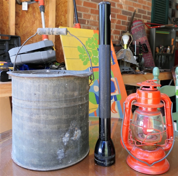 Minnow Bucket, MagLite, and Red Deitz No. 50 Lantern 
