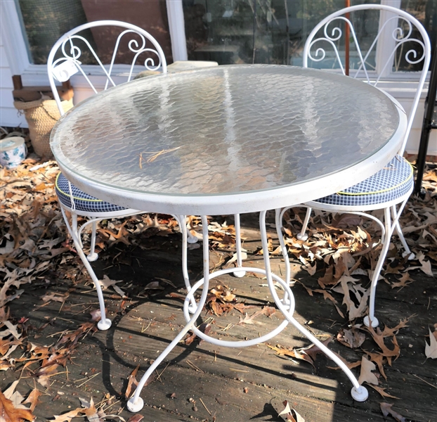 White Metal Patio Table and 2 Matching Chairs - Table Measures 29" tall 29" Across