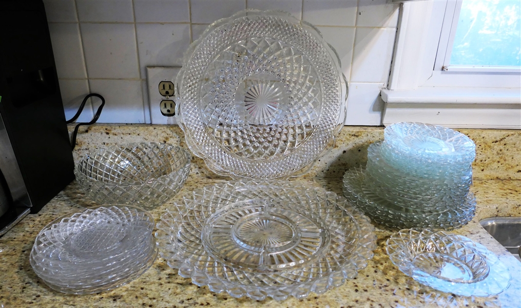 Lot of 30+ Pieces Clear Glassware - Wexford and Waffle Patterns - Largest Platter Measures 14" Across