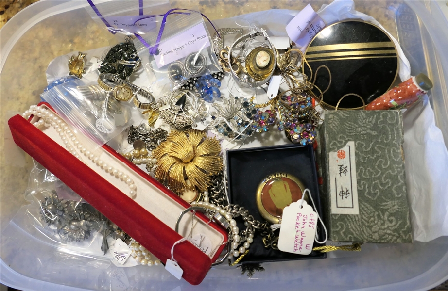 Lot of Costume Jewelry including Some Sterling Silver Earrings, Sterling and Blacy Onyx Earrings, 14kt Gold Charm, Gold Filled Watches, Opium Bottle, Etc. 