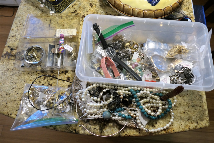 Lot of Costume Jewelry including Beaded Necklaces, Rhinestones, Watches, Brooches, Earrings, Tie Tacks, Etc. 