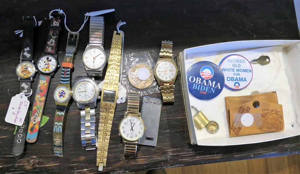 Lot of Watches and Campaign Buttons - Mickey Mouse, Scooby Doo, Timex, Seiko, Etc. 