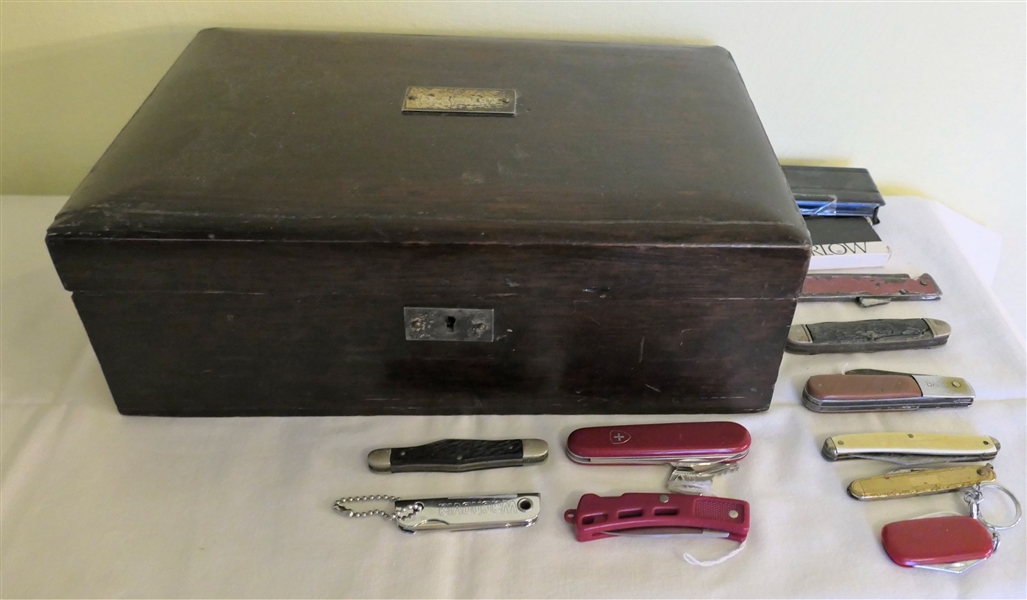 Wood Humidor Box with Pocket Knives including Barlow, Gold Filled, and Others