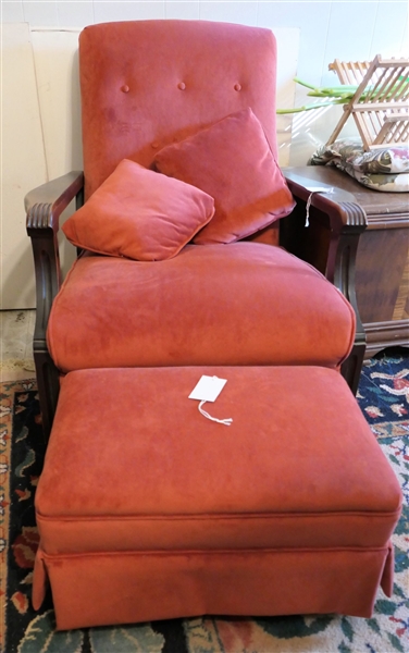 Red Velvet Upholstered Arm Chair and Matching Ottoman - Button Tufted Back 