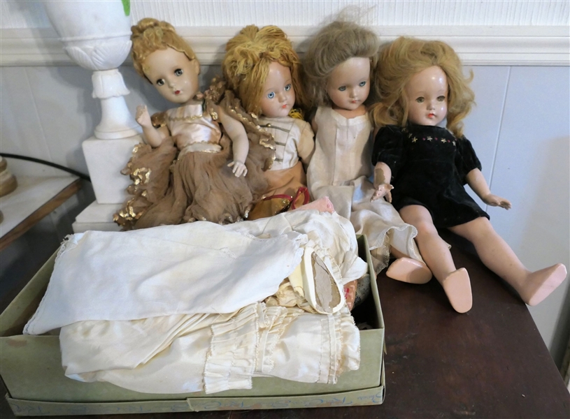 4 Effanbee Composition Dolls and Box of Doll Clothes - Dolls are 16" - Doll in Gold Dress Needs to Be RE Strung 