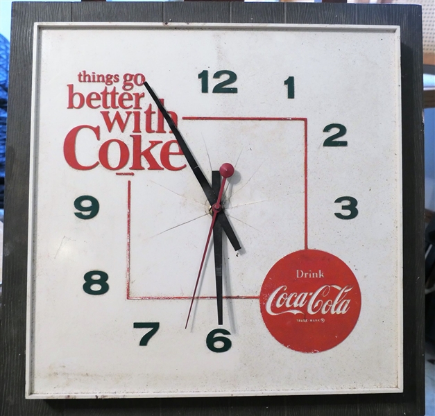 Plastic "Things Go Better with Coke" Coca Cola Clock - Center Is Cracked - Measures 17" by 17"