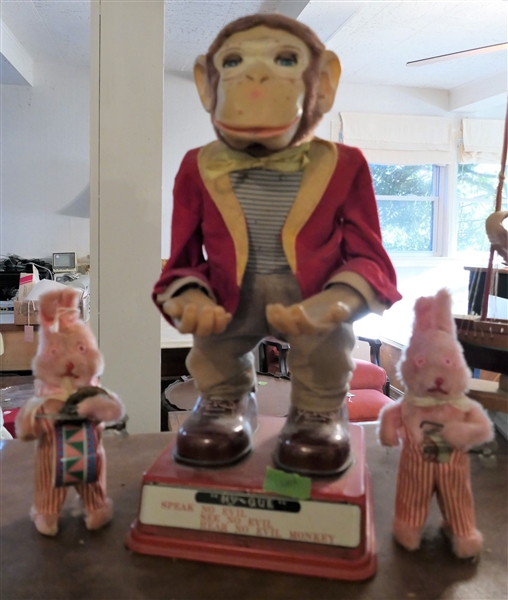 "Hy-Que" Battery Operated Monkey Toy and 2 Key Wind Rabbits - 1 Is Missing Pieces  - Monkey Measures 17" Tall 
