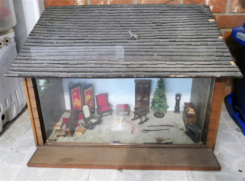 Homemade Doll House with Furniture and Christmas Tree, Lighted Interior - Glass Front Is Broken - House Measures 19" tall 26" by 12"